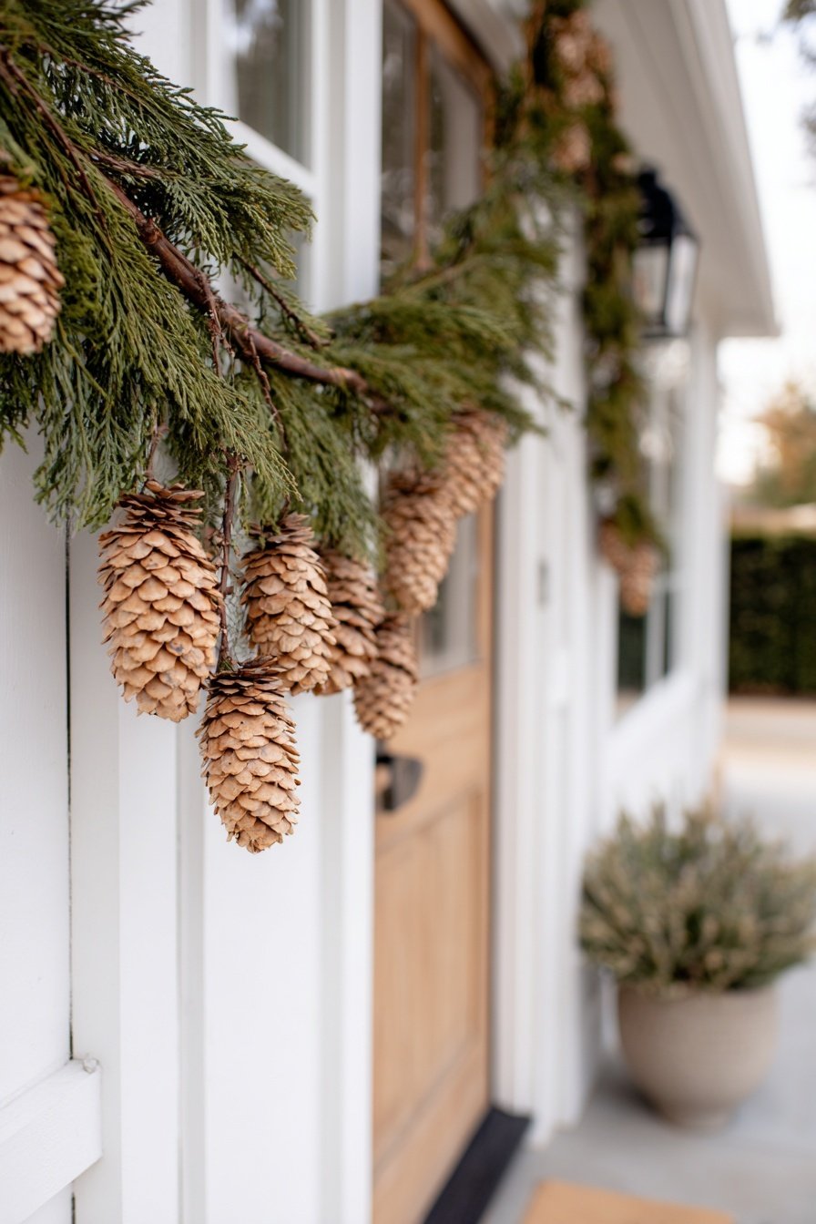 Türrahmen mit Girlande aus Tannenzweigen und großen Kiefernzapfen dekoriert