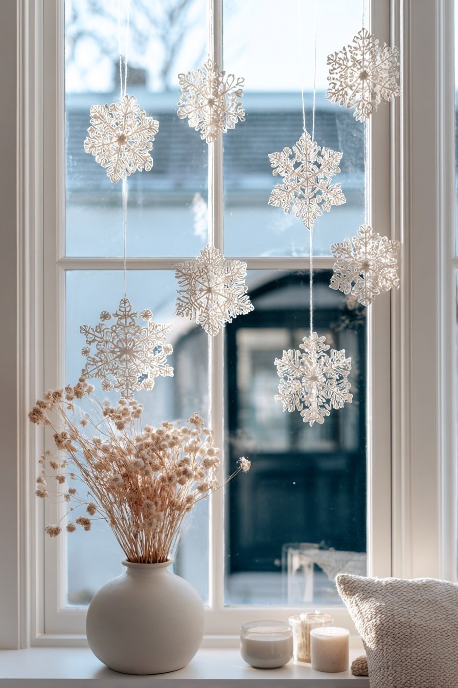Weiße Schneeflocken-Anhänger am Fenster mit Trockenblumen und Kerzen auf der Fensterbank