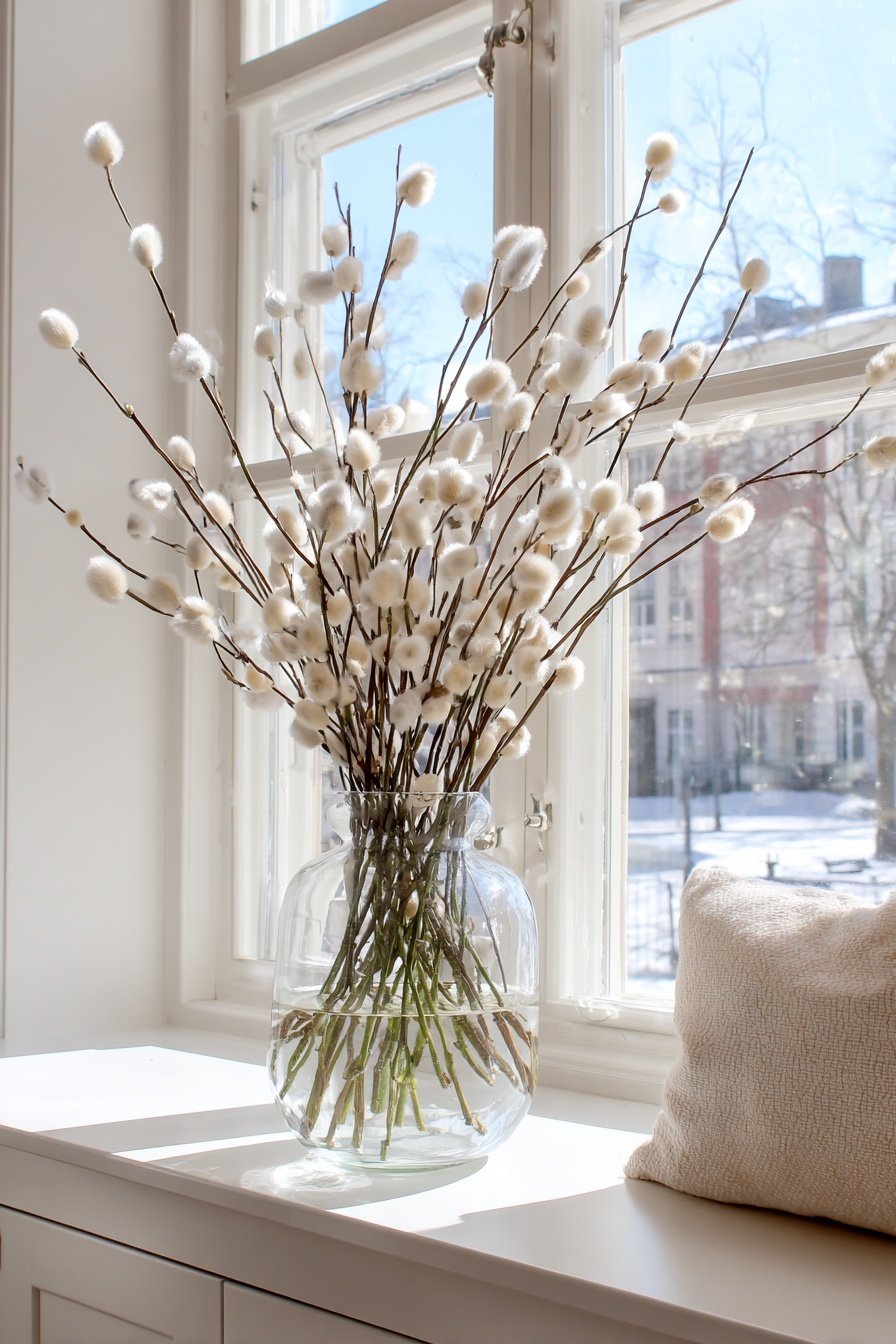 Weidenkätzchen in einer Glasvase auf heller Fensterbank