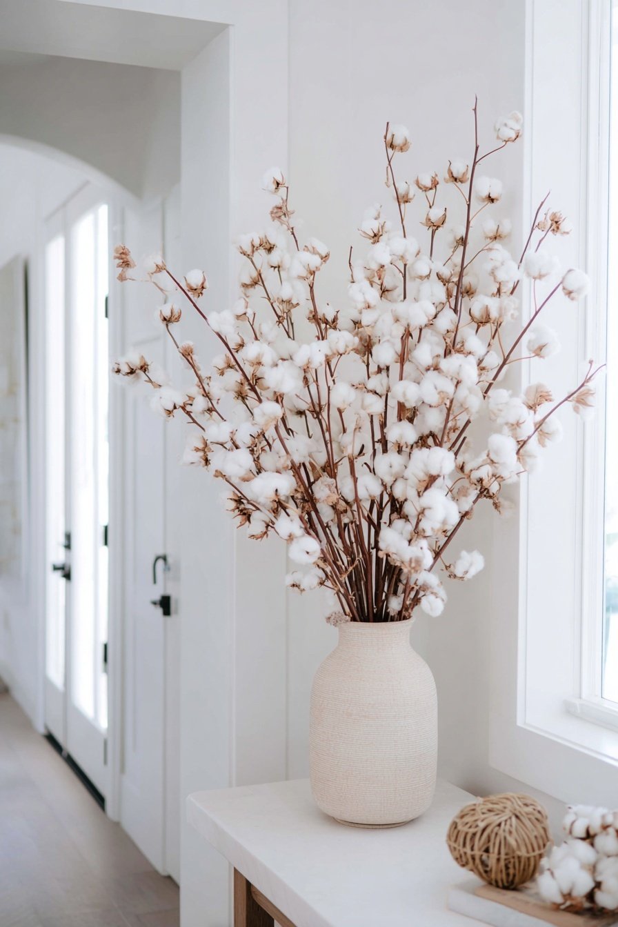 Baumwollzweige in einer hellen Vase auf einer weißen Konsole am Fenster im Flur
