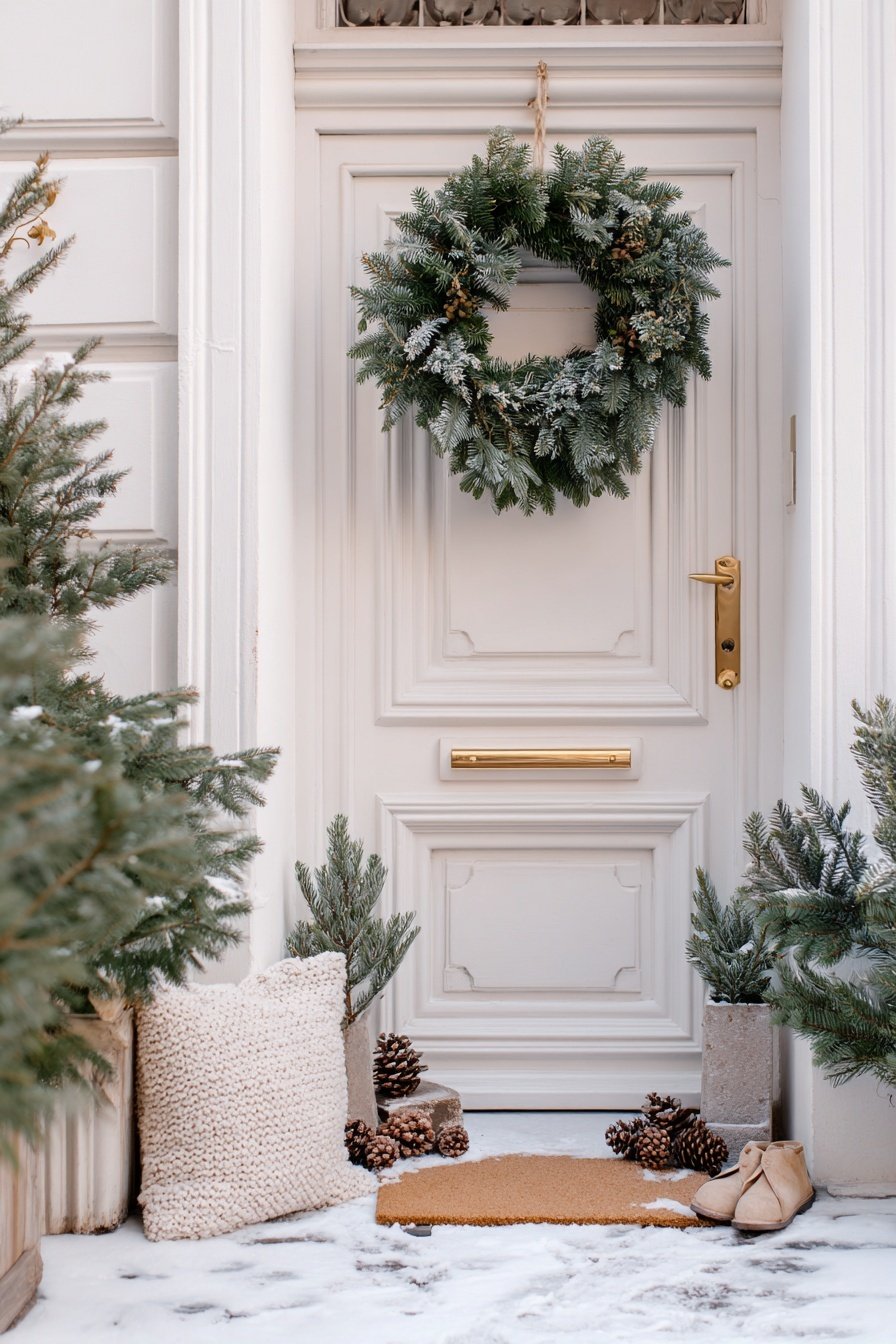 Geschmückte Haustür mit grünem Kranz, Tannenzweigen, Kissen und Zapfen im Schnee