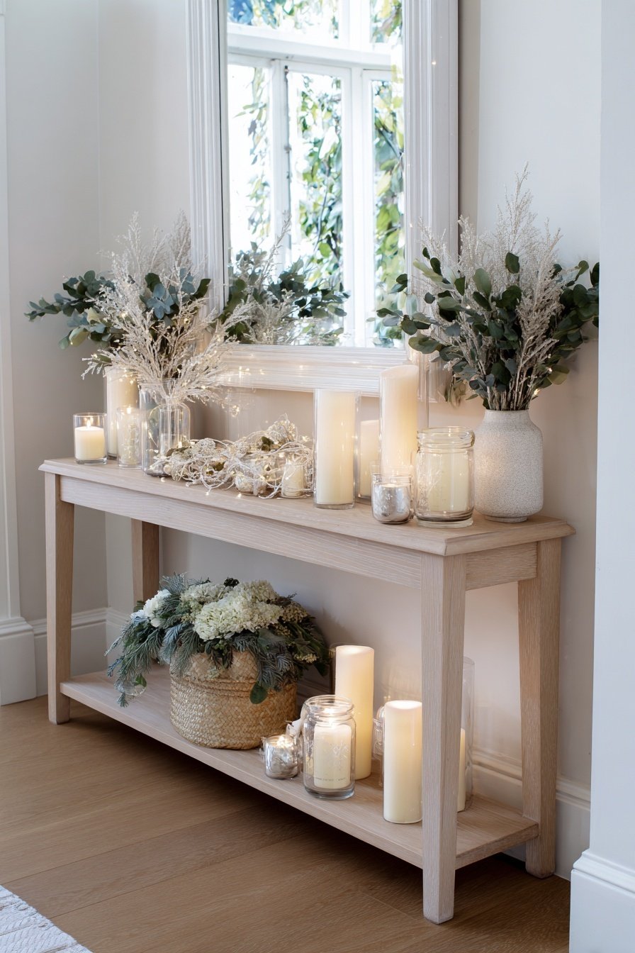 Heller Flur mit winterlicher Deko aus Kerzen, Eukalyptuszweigen und weißen Blumen