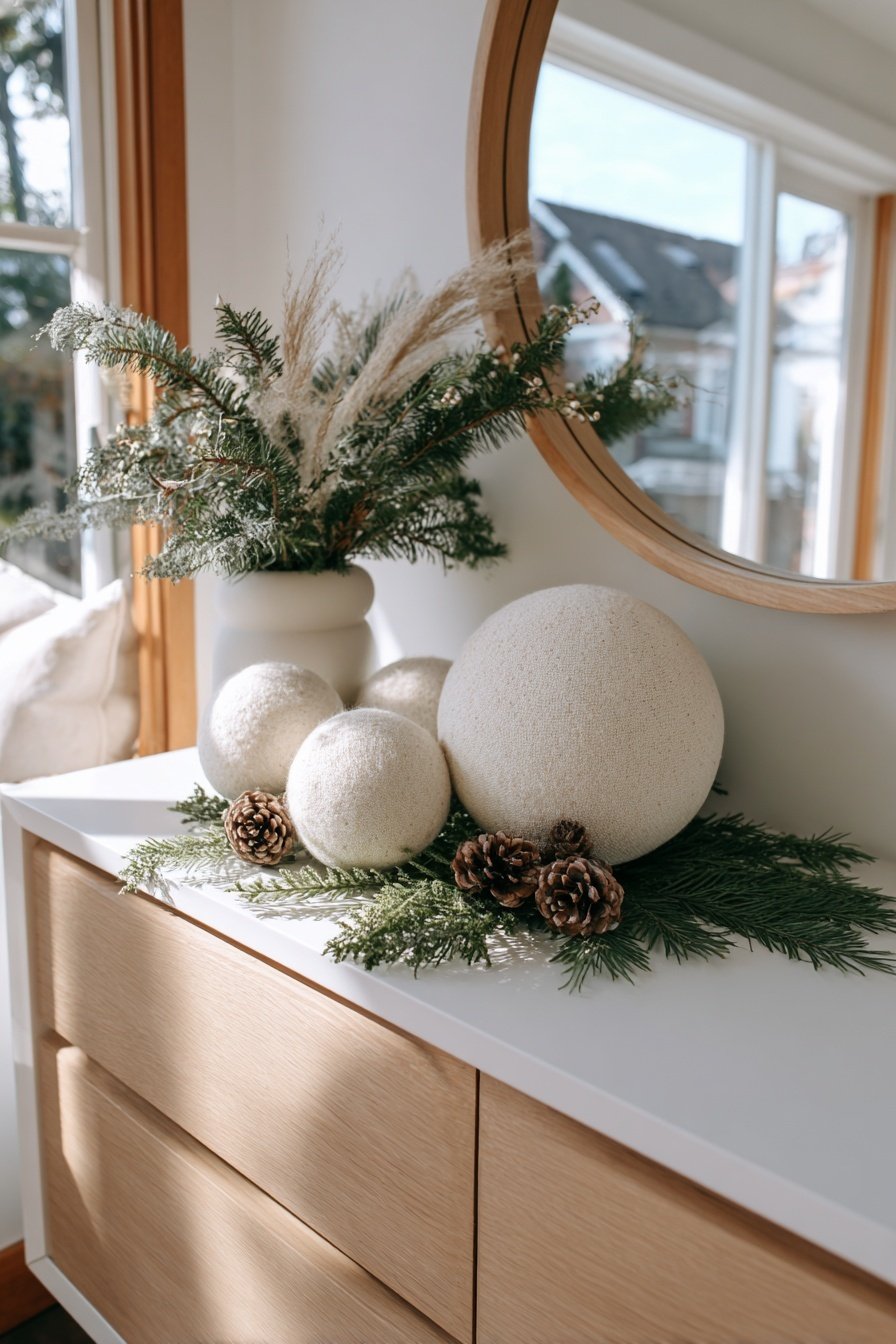 Winterdeko im Flur mit Tannenzweigen, Zapfen und weißen Kugeln auf einer Kommode