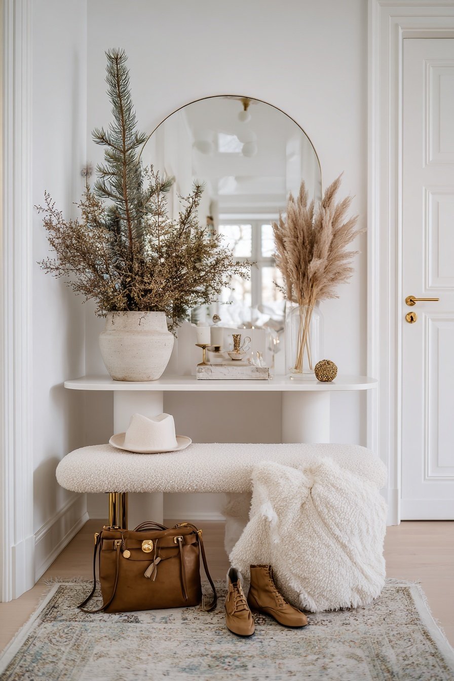 Winterlich dekorierter Flur mit Trockenblumen, Bank, Spiegel und Accessoires