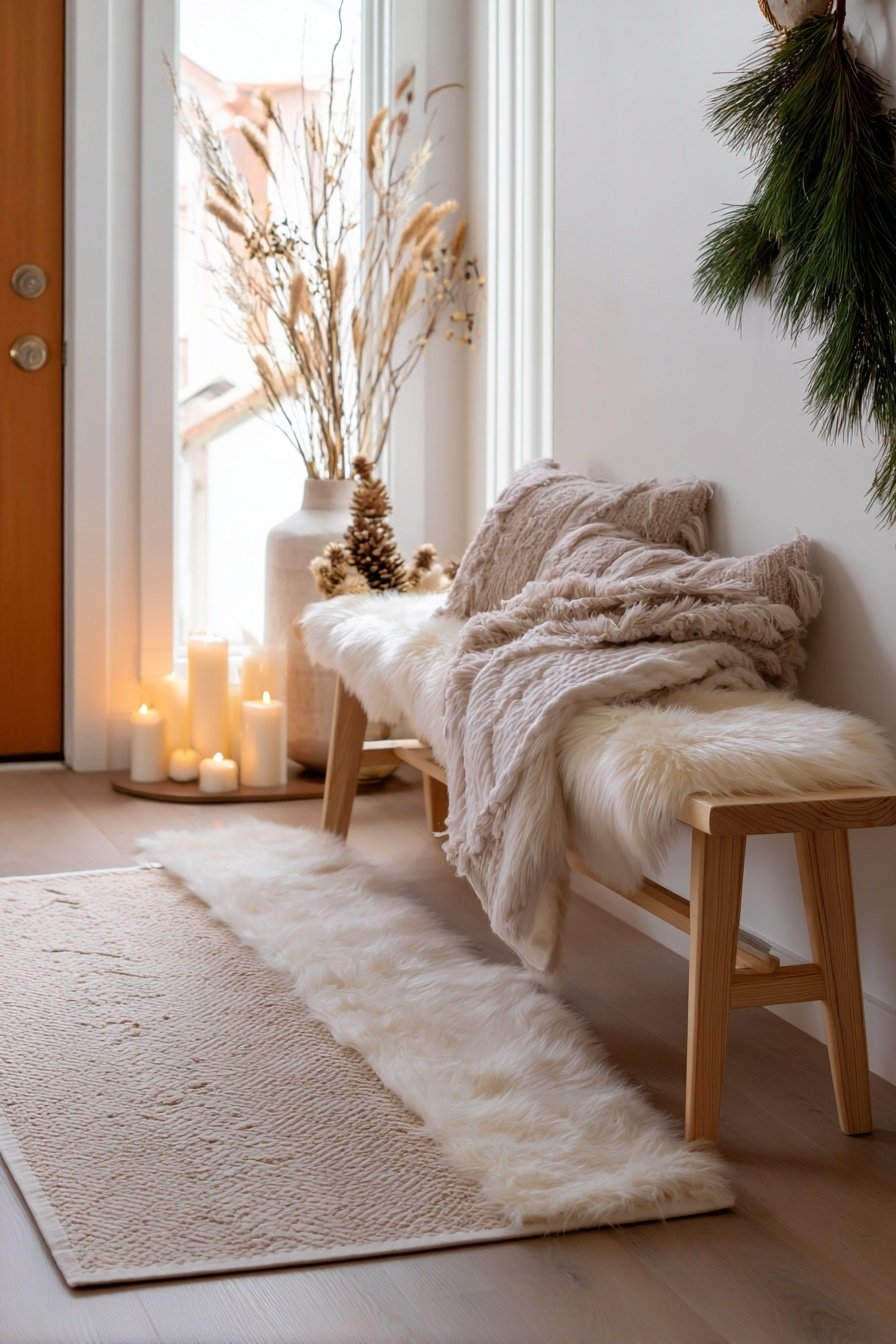 Gemütlich dekorierter Flur mit Fellbank, Kerzen und Naturmaterialien