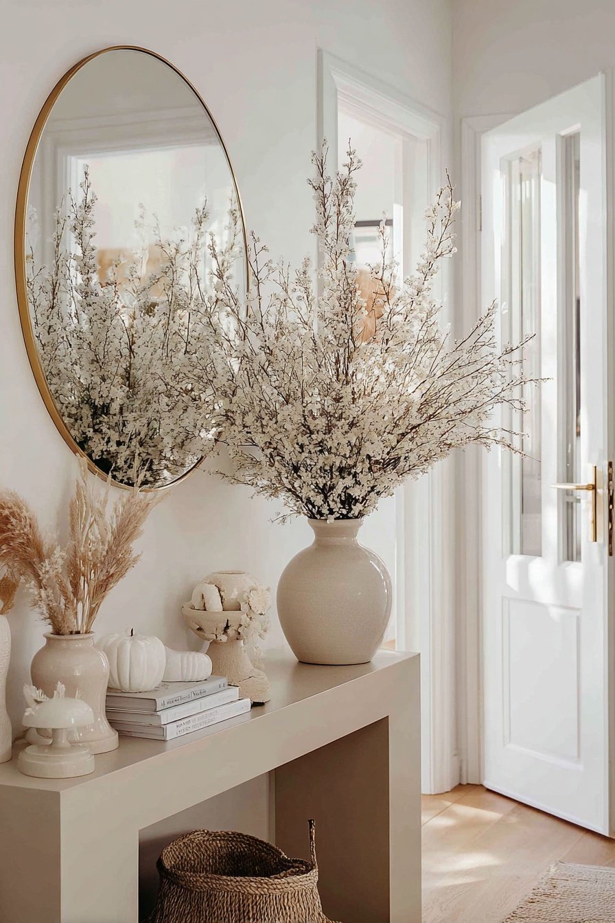 Flur mit winterlicher Deko aus Zweigen, Vasen und Naturmaterialien