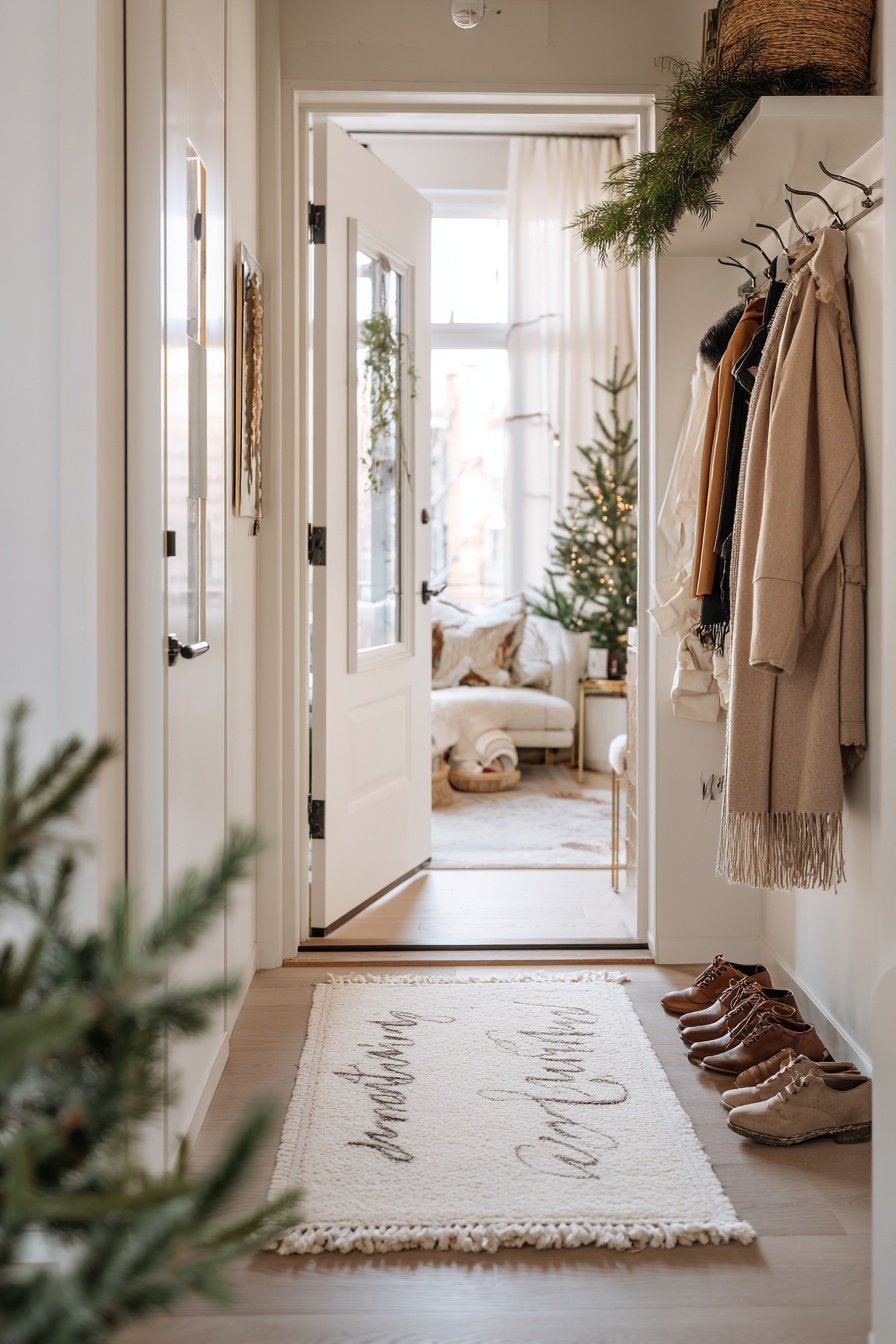 Heller Flur mit Winterdeko, Tannenzweigen, Teppich und Blick auf weihnachtlich geschmücktes Wohnzimmer