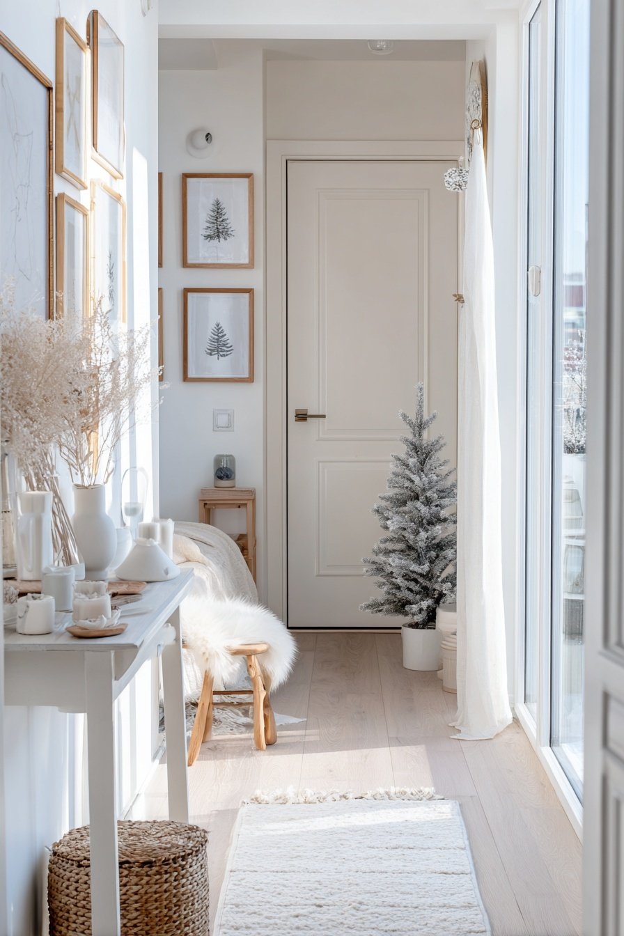 Heller Flur mit schneebedecktem Mini-Weihnachtsbaum, Naturmaterialien und Winterdeko