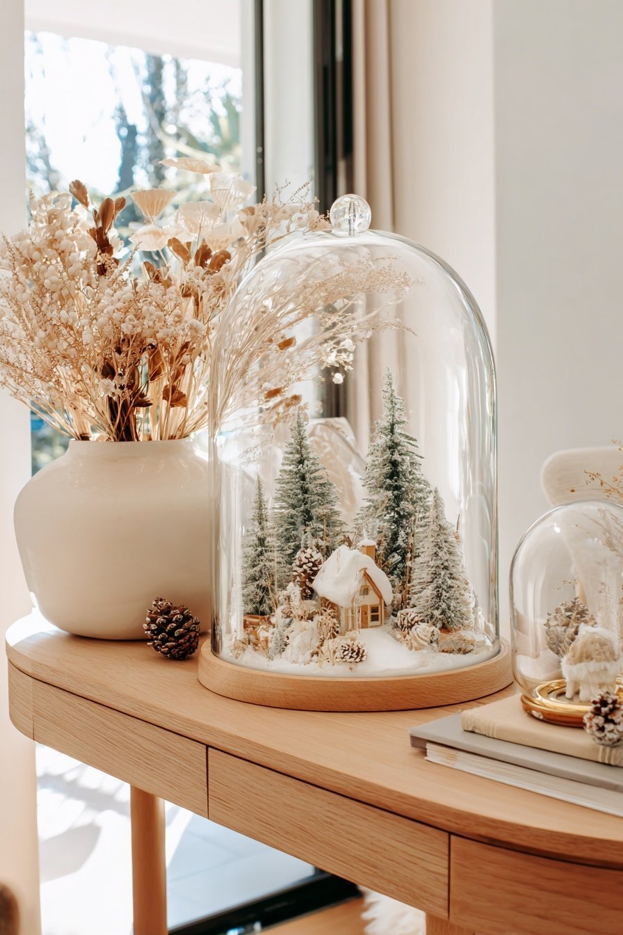 Tischdekoration mit Schneelandschaft im Glasdom und Trockenblumen
