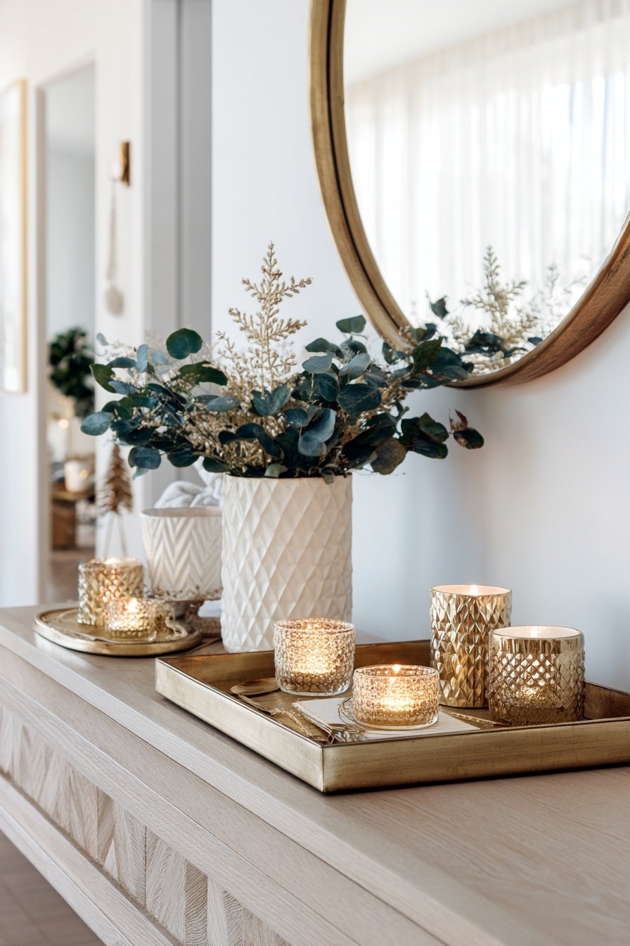 Winterliche Deko mit Kerzen und Eukalyptus auf einer Holzkommode