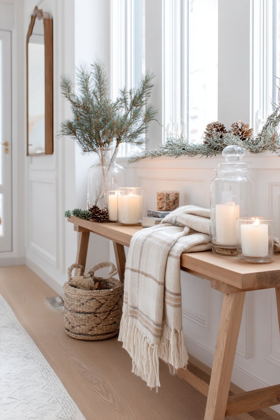 Winterlich dekorierter Flur mit Kerzen, Tannenzweigen und Decke auf Holztisch