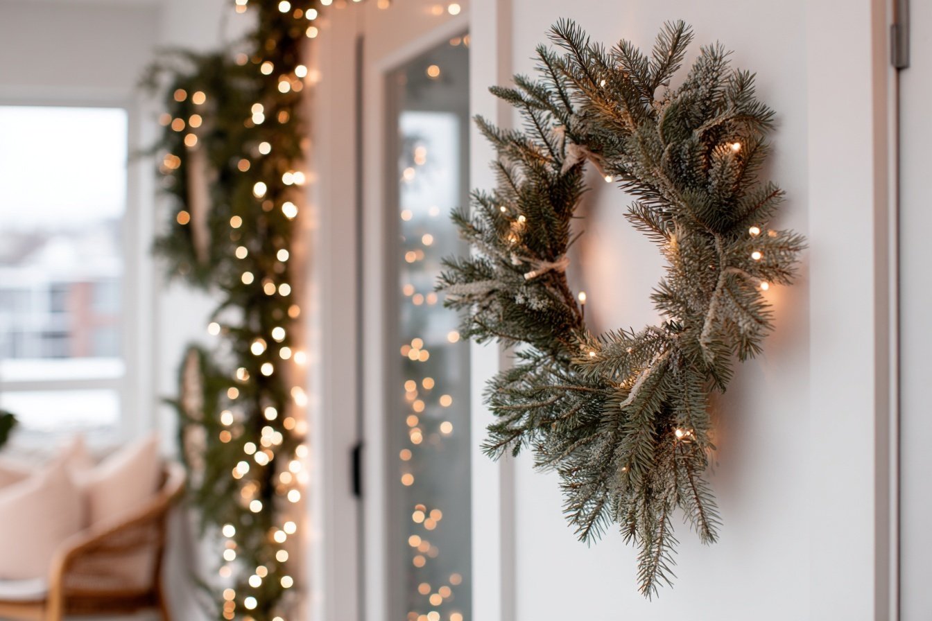Winterlicher Türkranz mit Lichtern an weißer Wand im Flur