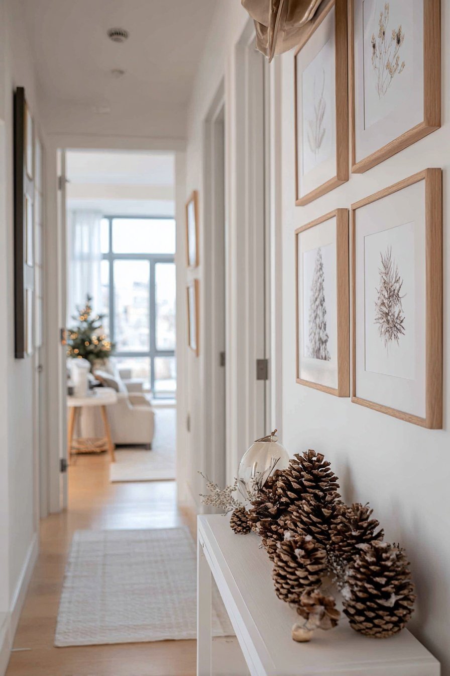 Winterlich dekorierter Flur mit Zapfen und Naturbildern