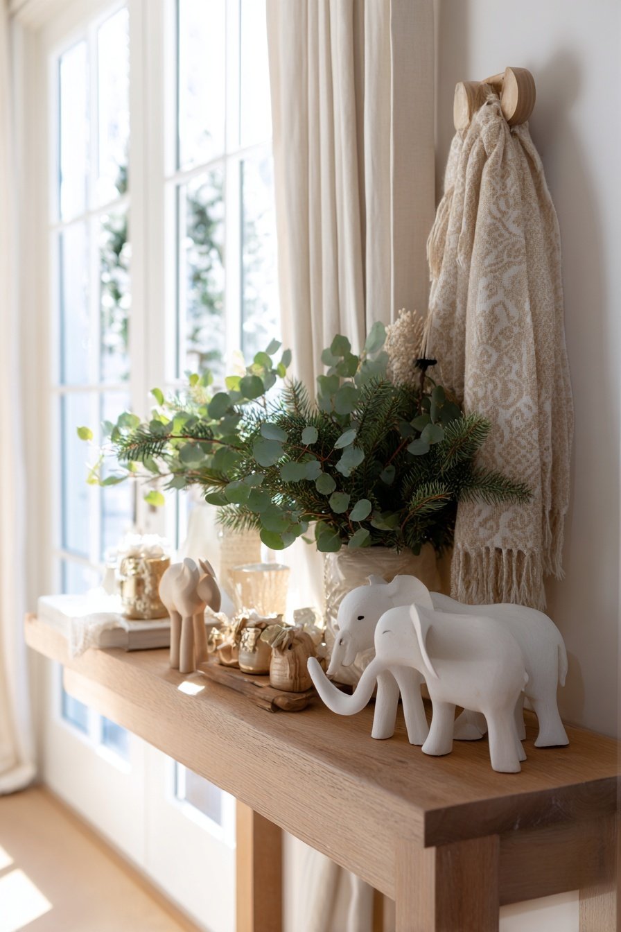Holztisch im Flur mit winterlicher Deko aus Grün, Holzfiguren und Kerzen