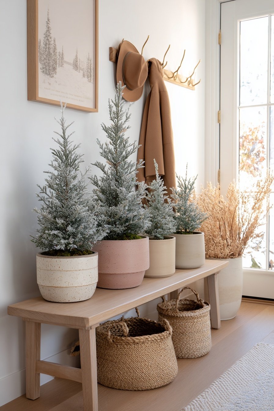 Winterlich dekorierter Flur mit kleinen Tannenbäumchen in Töpfen, Mantel, Hut und Naturmaterialien