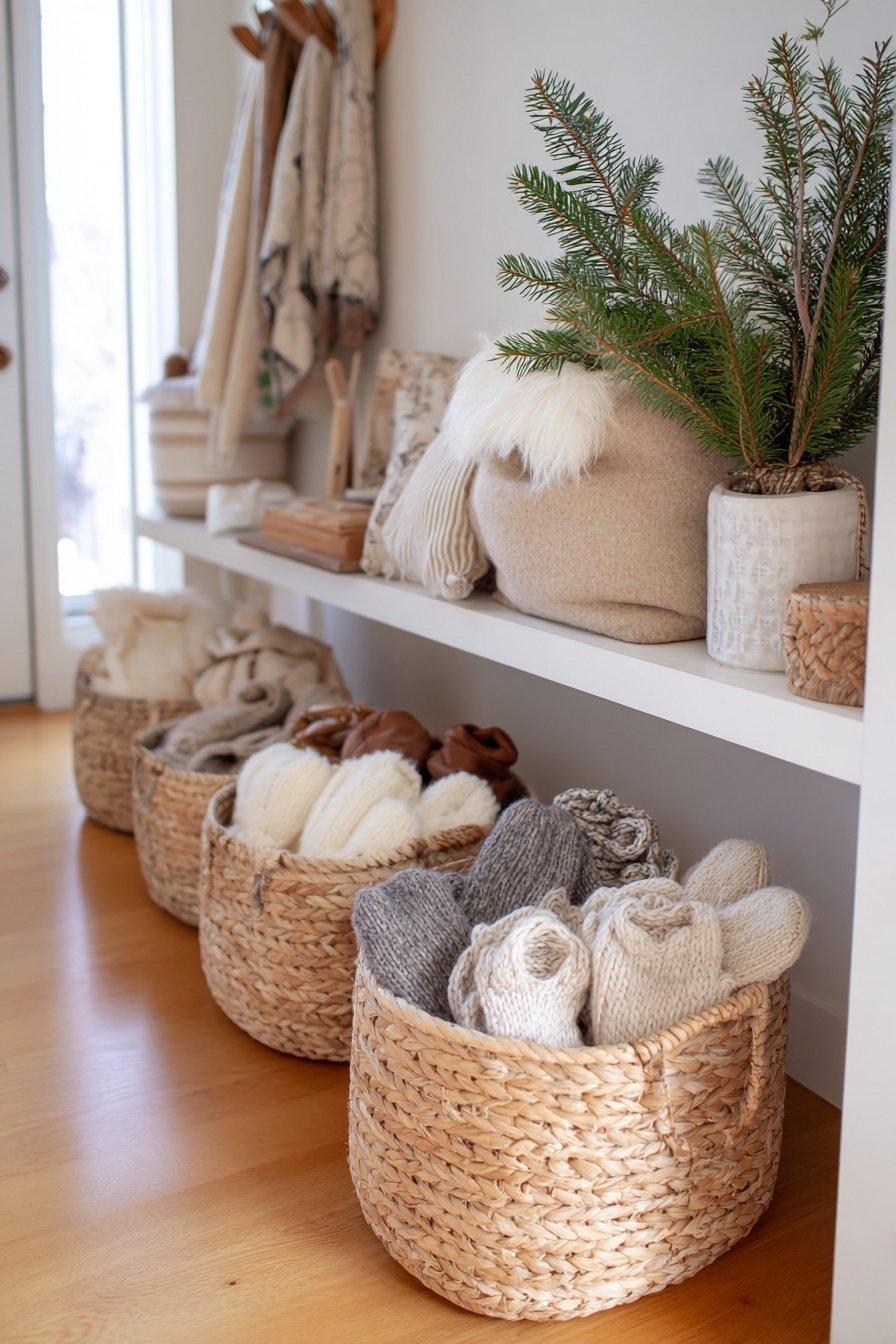 Geflochtene Körbe mit Wintertextilien und immergrüne Zweige als Dekoration im Flur