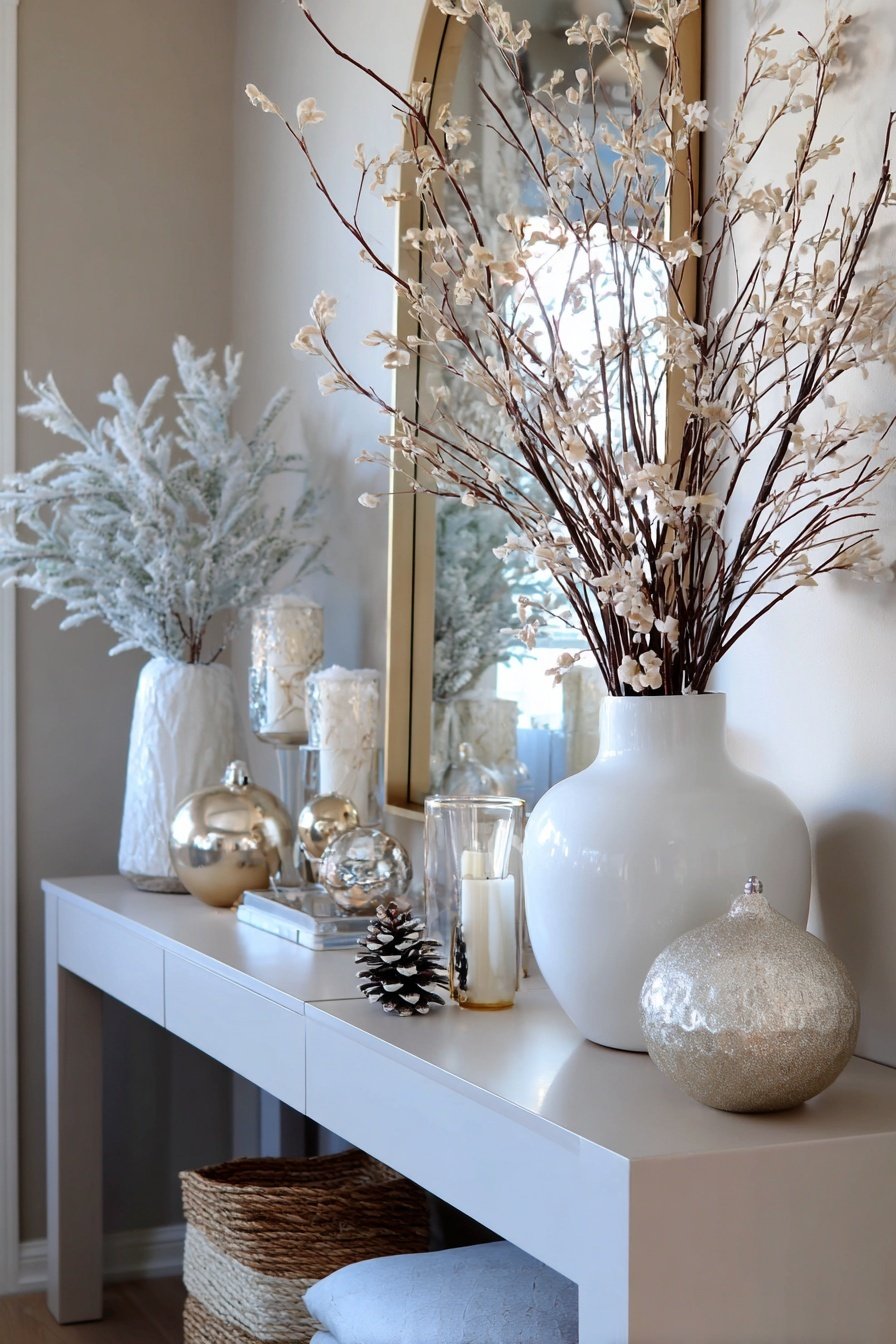 Weiß-goldene Winterdekoration mit Zweigen, Vasen, Kerzen und Kugeln auf einem Flurtisch