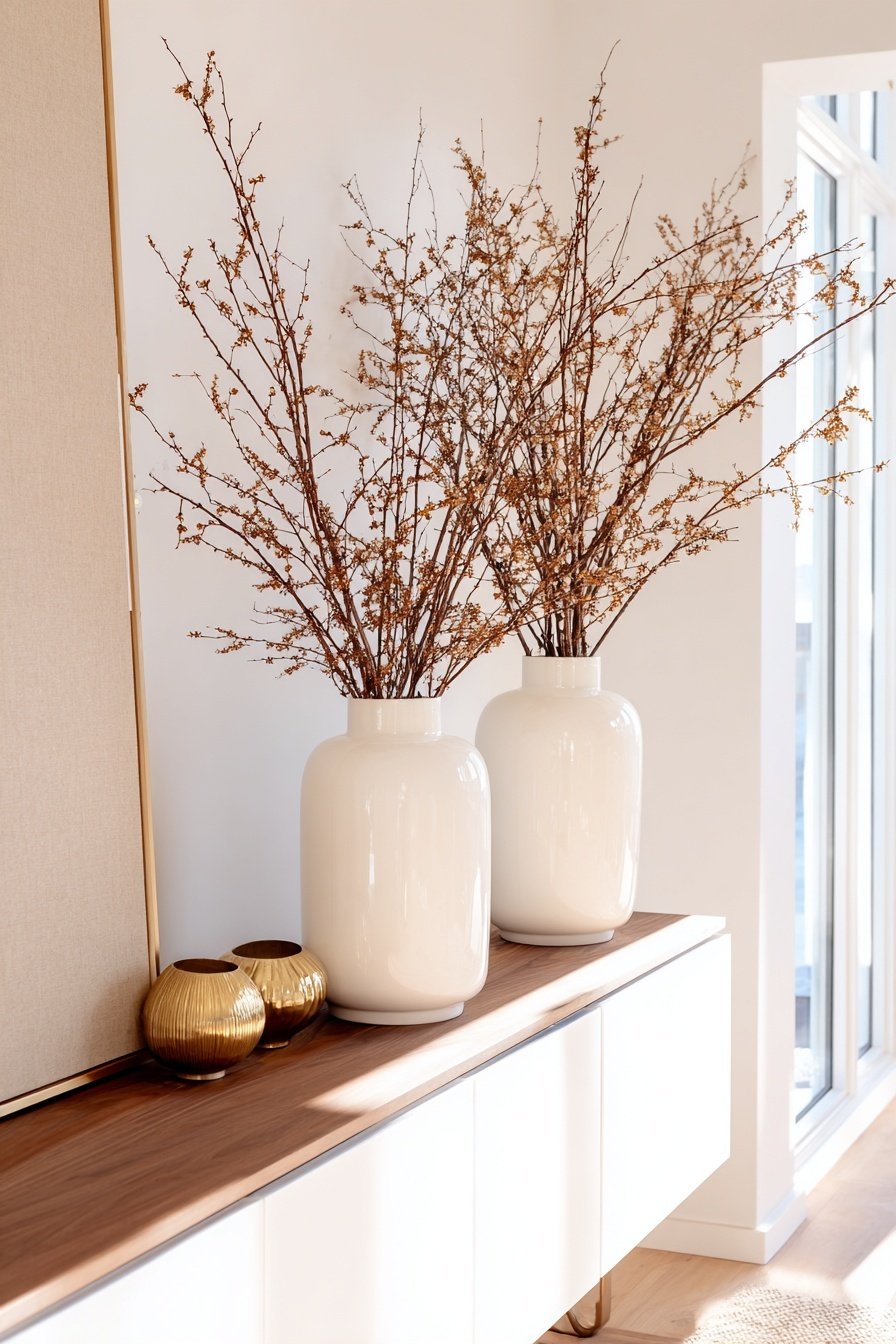 Zwei weiße Vasen mit winterlichen Zweigen auf einem Holzsideboard, daneben goldene Teelichthalter