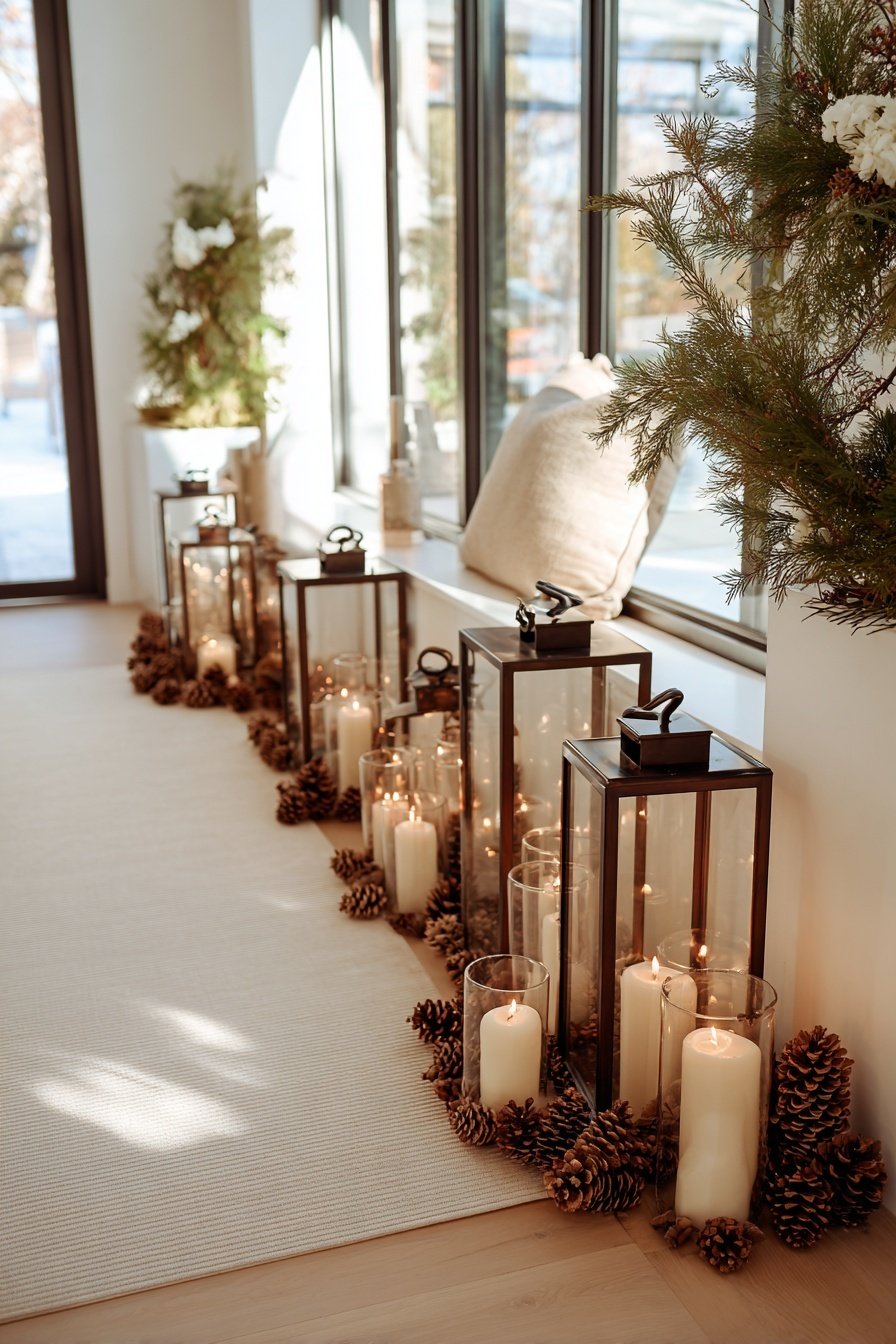 Winterlich dekorierter Flur mit Windlichtern, Kerzen und Tannenzapfen