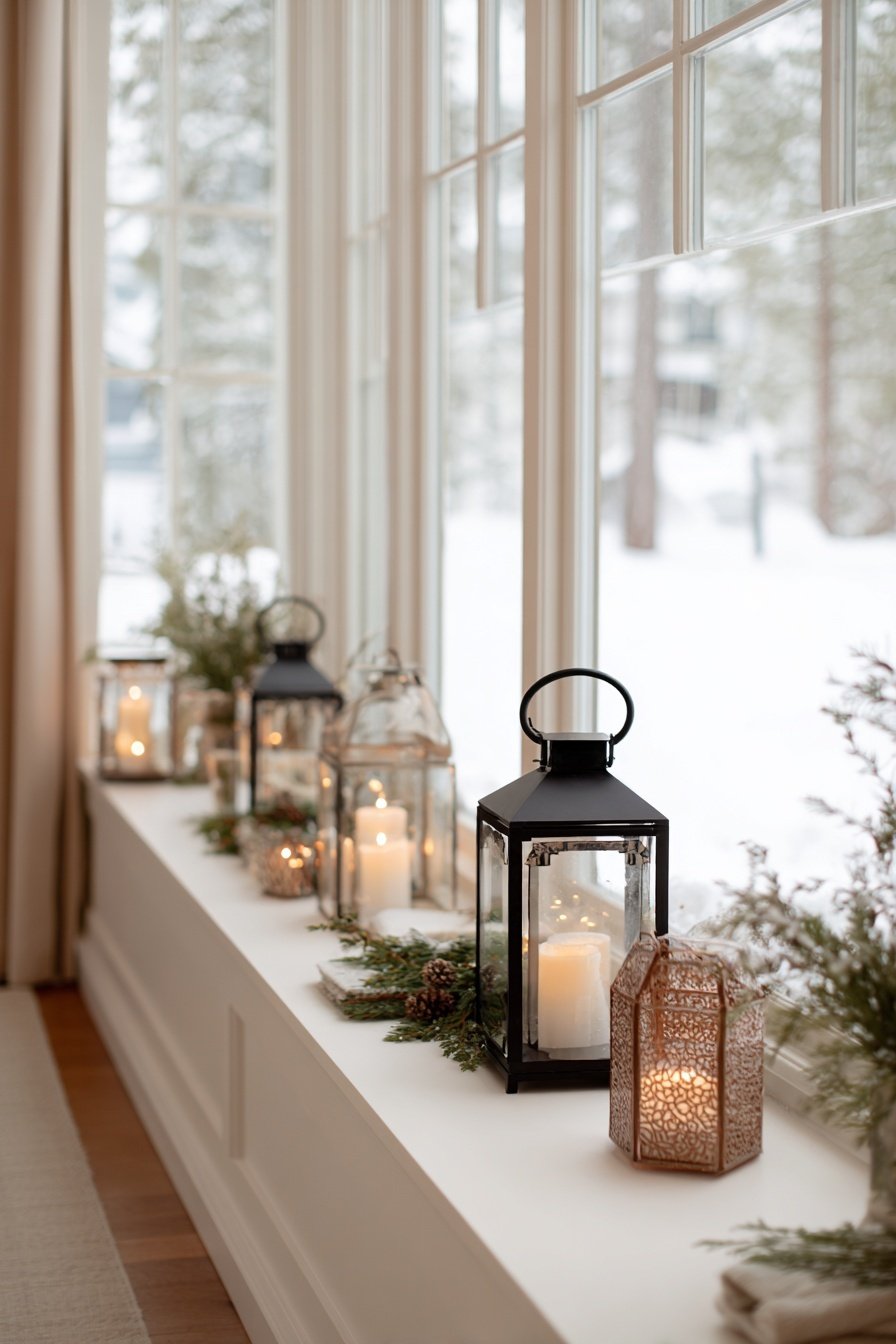 Laternen mit Kerzen und Tannenzweigen auf einer Fensterbank im winterlichen Flur