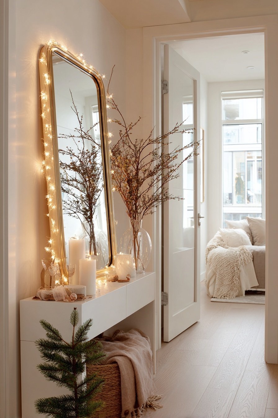 Winterlich dekorierter Flur mit beleuchtetem Spiegel, Kerzen und Zweigen