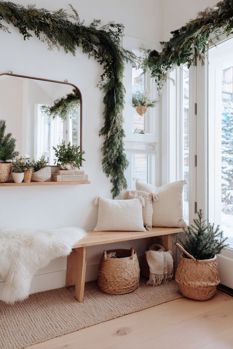 Gemütlich dekorierter Flur mit Tannengirlande, Naturmaterialien und winterlichen Textilien