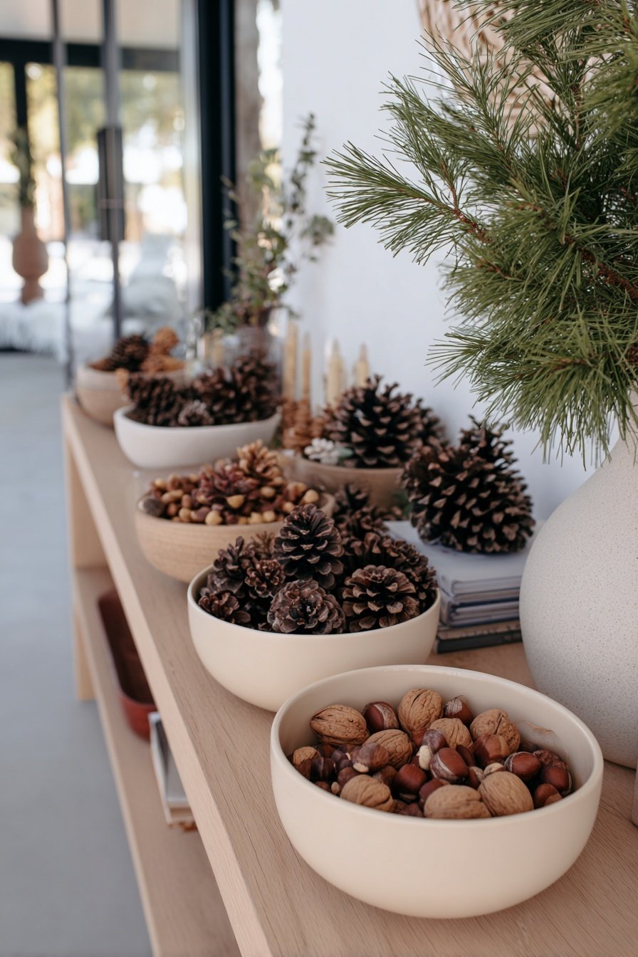 Schalen mit Zapfen und Nüssen auf einem Holzregal neben einer Vase mit Tannenzweigen