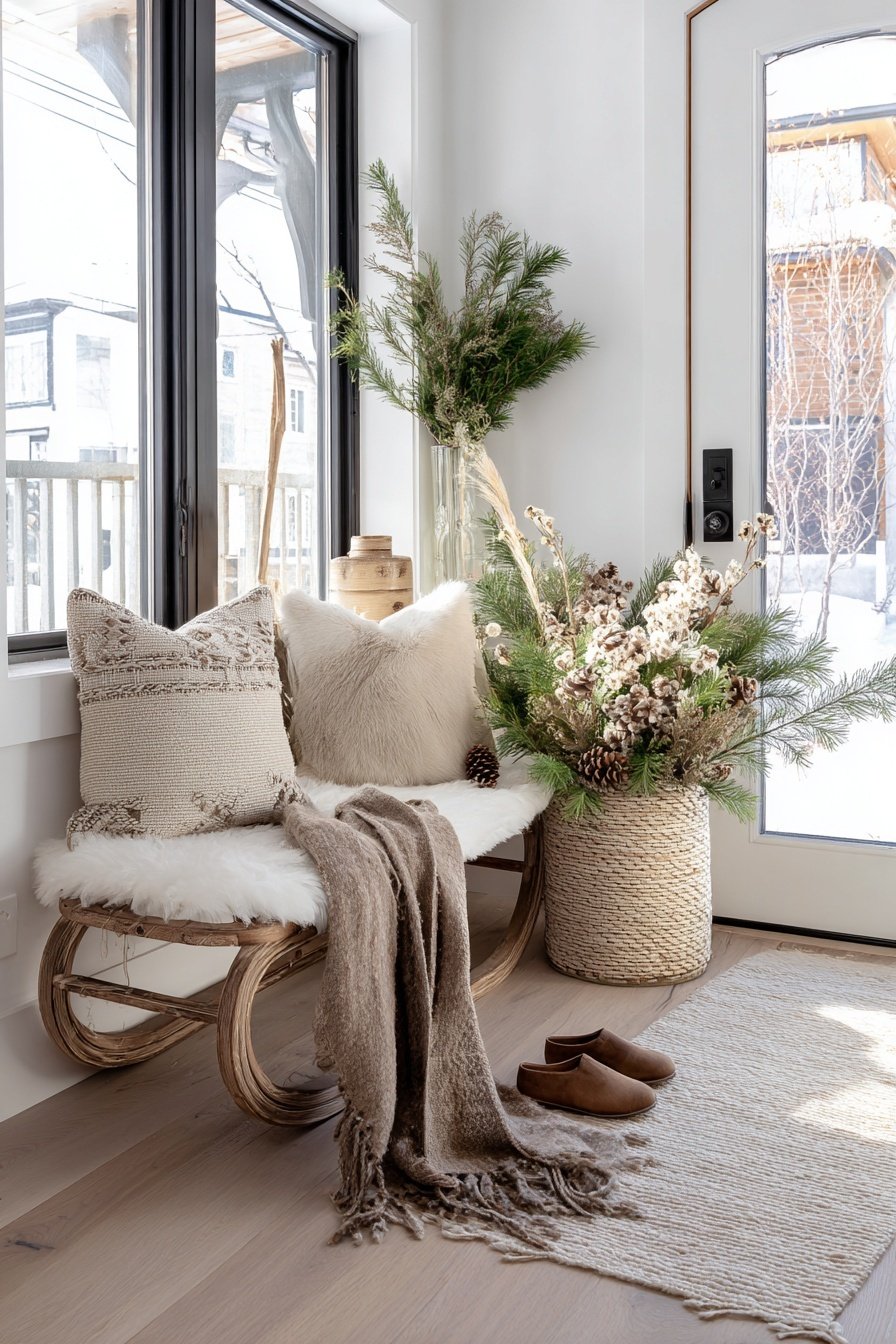 Winterlich dekorierter Flur mit Bank, Kissen, Decke, Naturzweigen und Zapfen