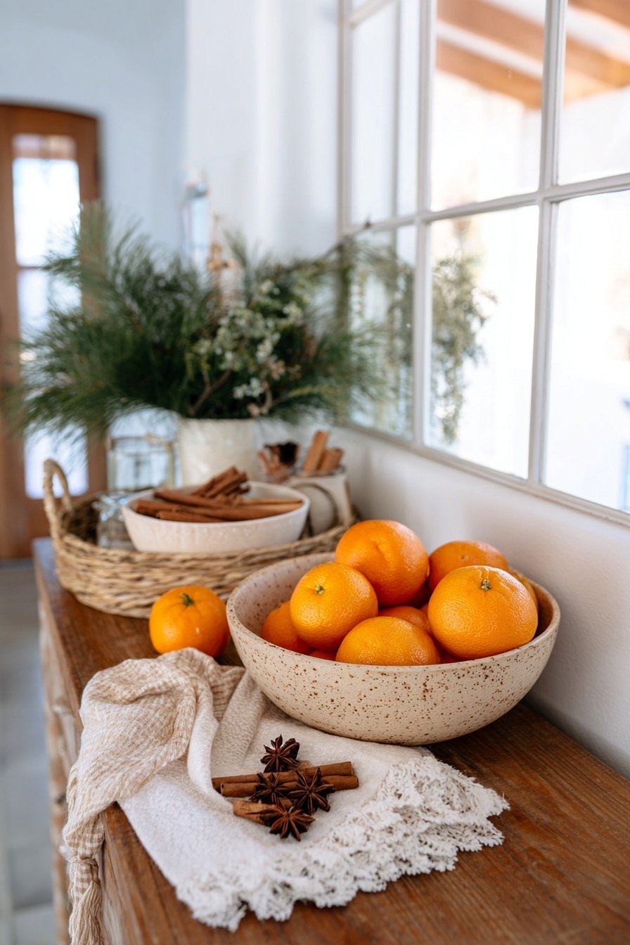 Winterliche Deko auf einer Holzkommode mit Mandarinen, Zimtstangen und Tannenzweigen