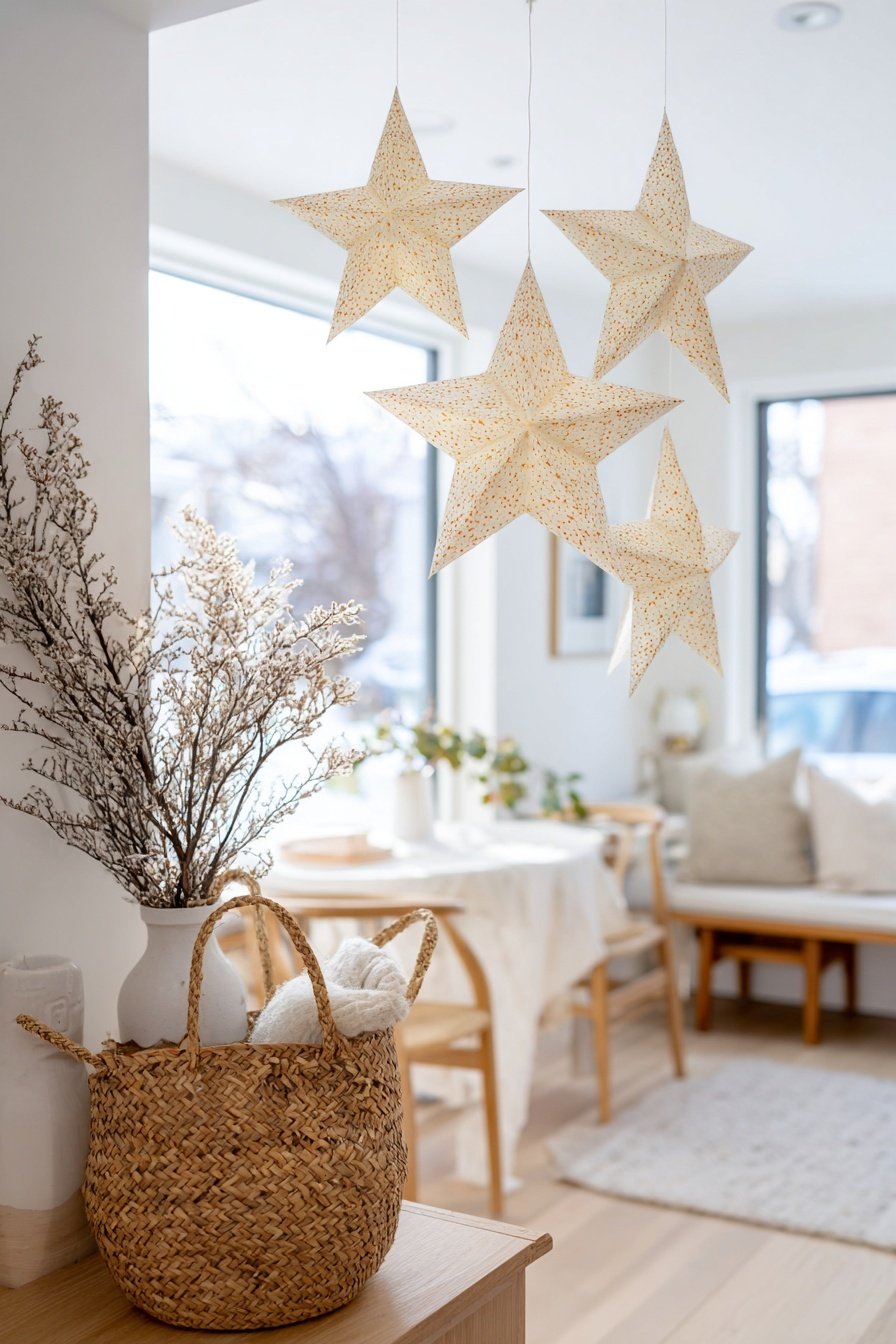 Hängende Papiersterne, Korb mit Zweigen und gemütlicher Flurbereich im Winterstil
