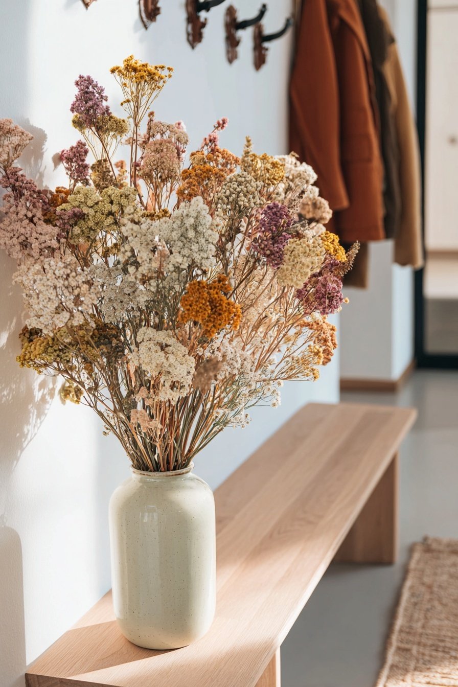 Trockenblumenstrauß in heller Vase auf Holzbank im Flur