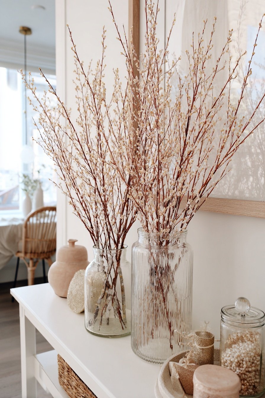 Zweige mit hellen Blüten in Glasvasen auf einem weißen Flurtisch arrangiert