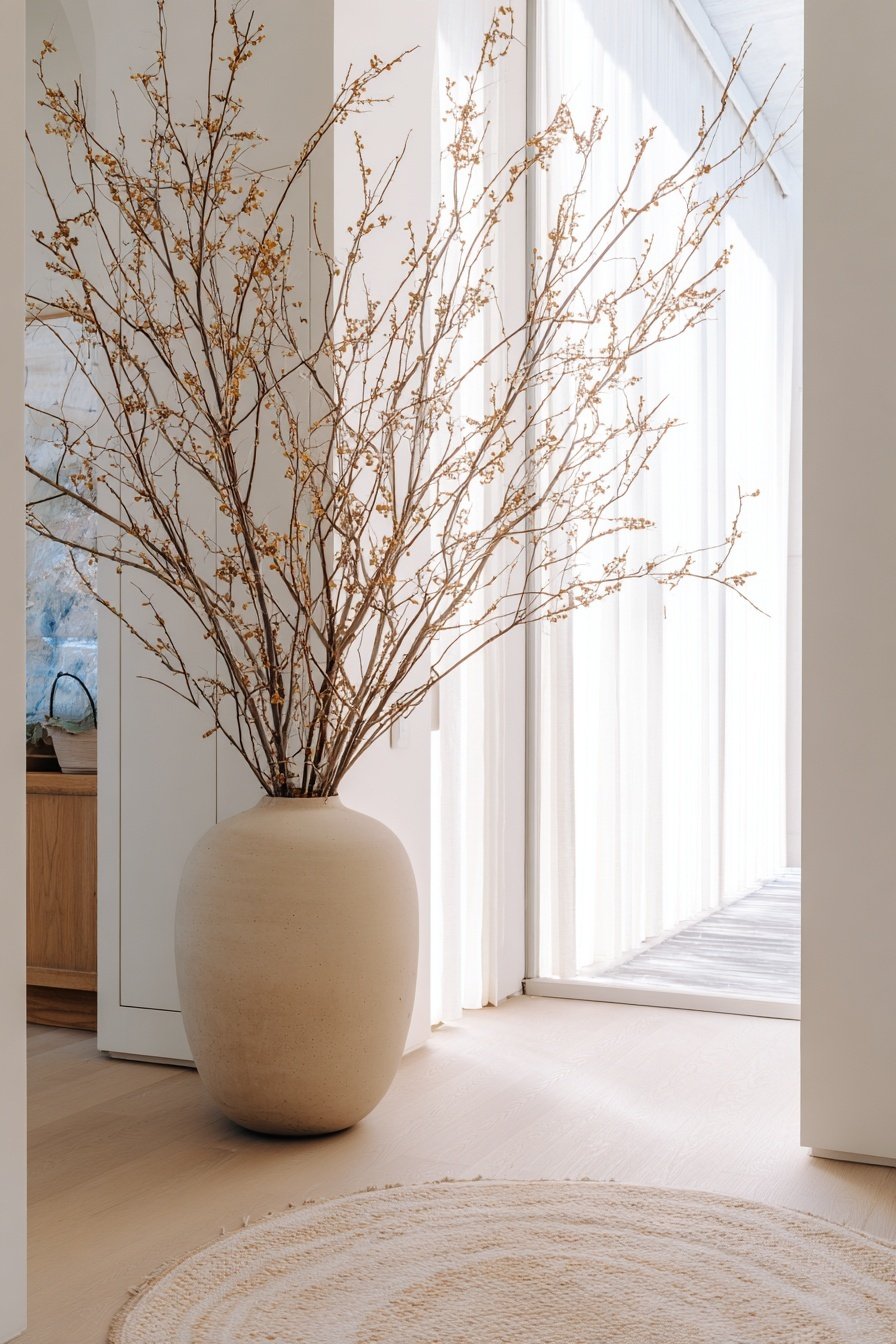 Große Bodenvase mit kahlen Zweigen in hellem, sonnigem Flur