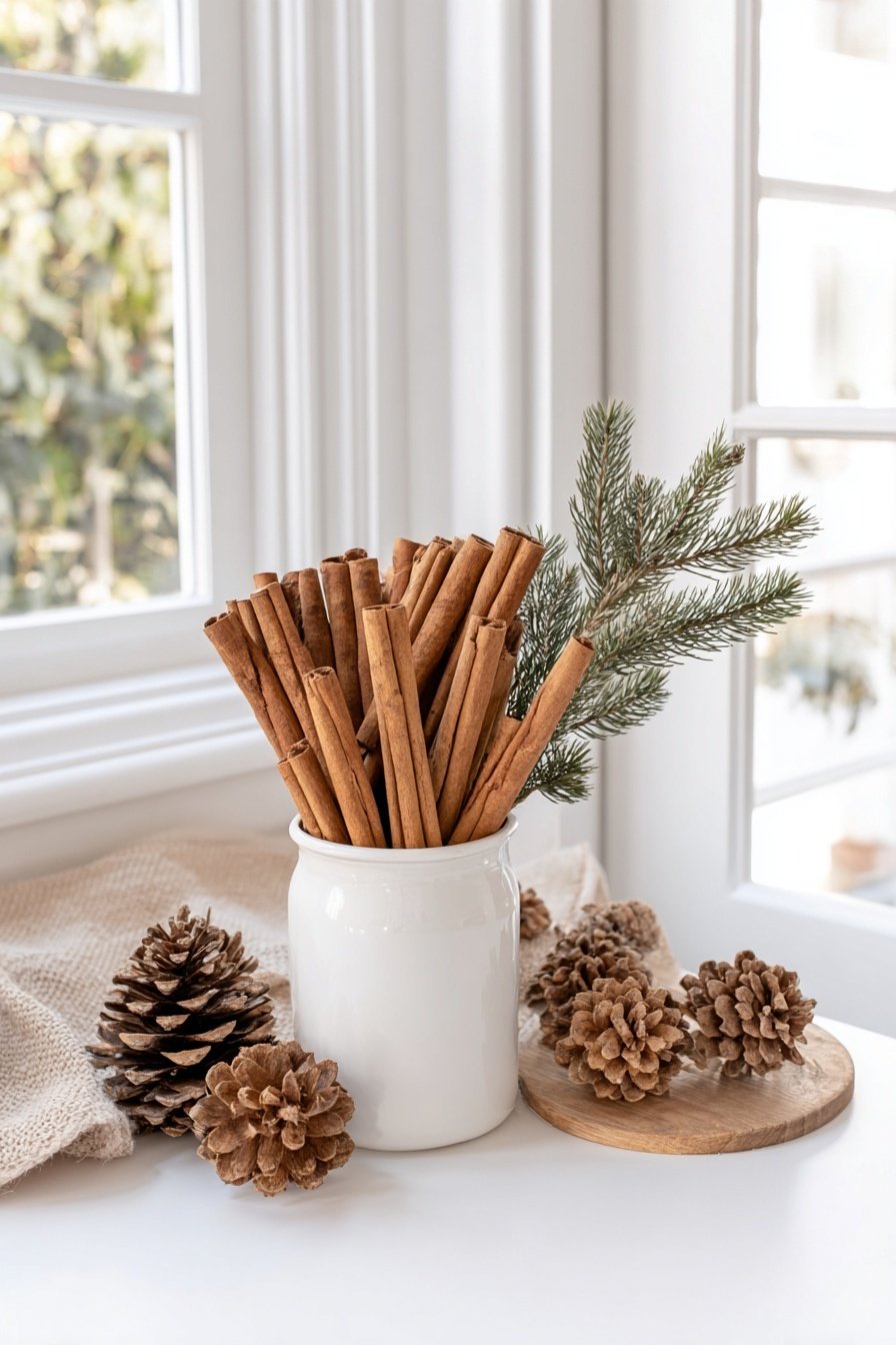 Zimtstangen in weißer Vase mit Tannenzweig und Deko aus Zapfen
