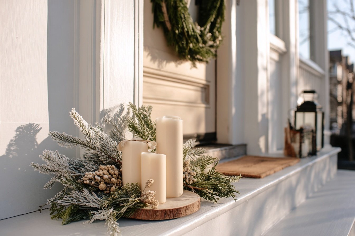 Kerzenarrangement mit winterlicher Zweigdeko vor einem Hauseingang