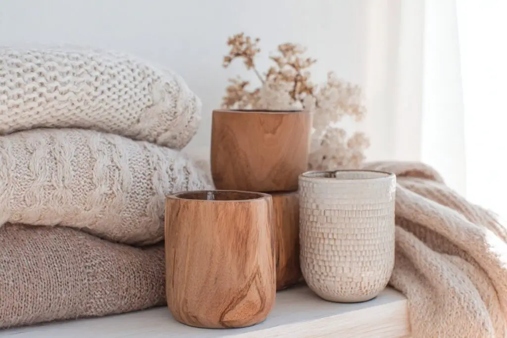 Kerzenhalter aus Holz und Keramik vor weichen Strickdecken