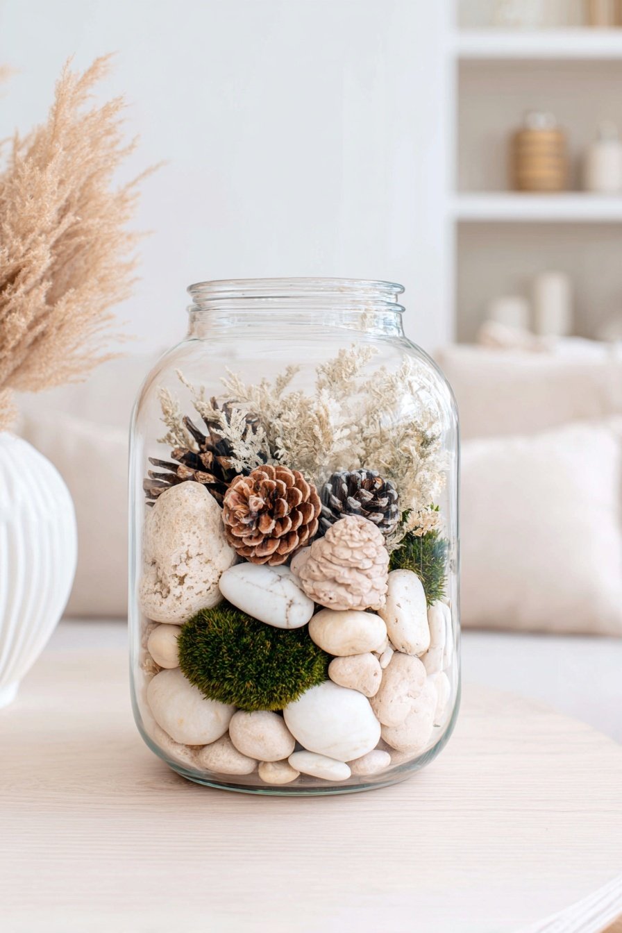 Dekoglas mit Steinen, Moos, Zapfen und Gräsern in skandinavischem Stil