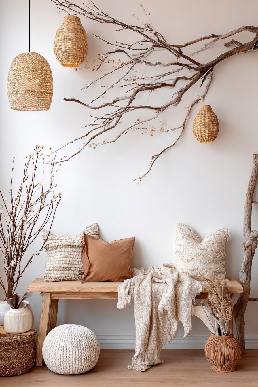 Gemütliche skandinavische Sitzecke mit Naturmaterialien und Trockenästen als Wanddeko