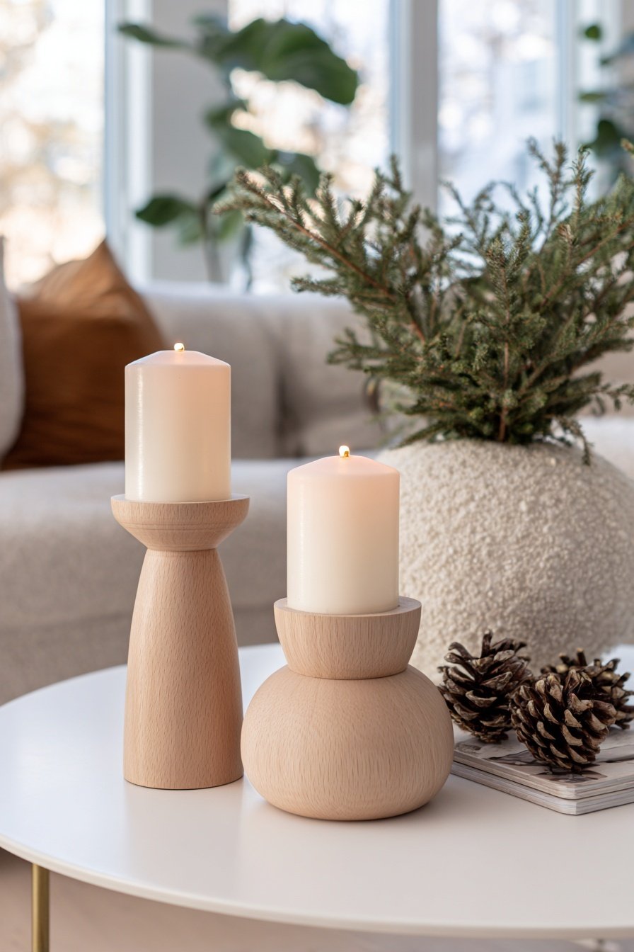 Zwei naturbelassene Holzkerzenhalter mit weißen Kerzen auf einem Tisch, umgeben von Kiefernzweigen und Zapfen