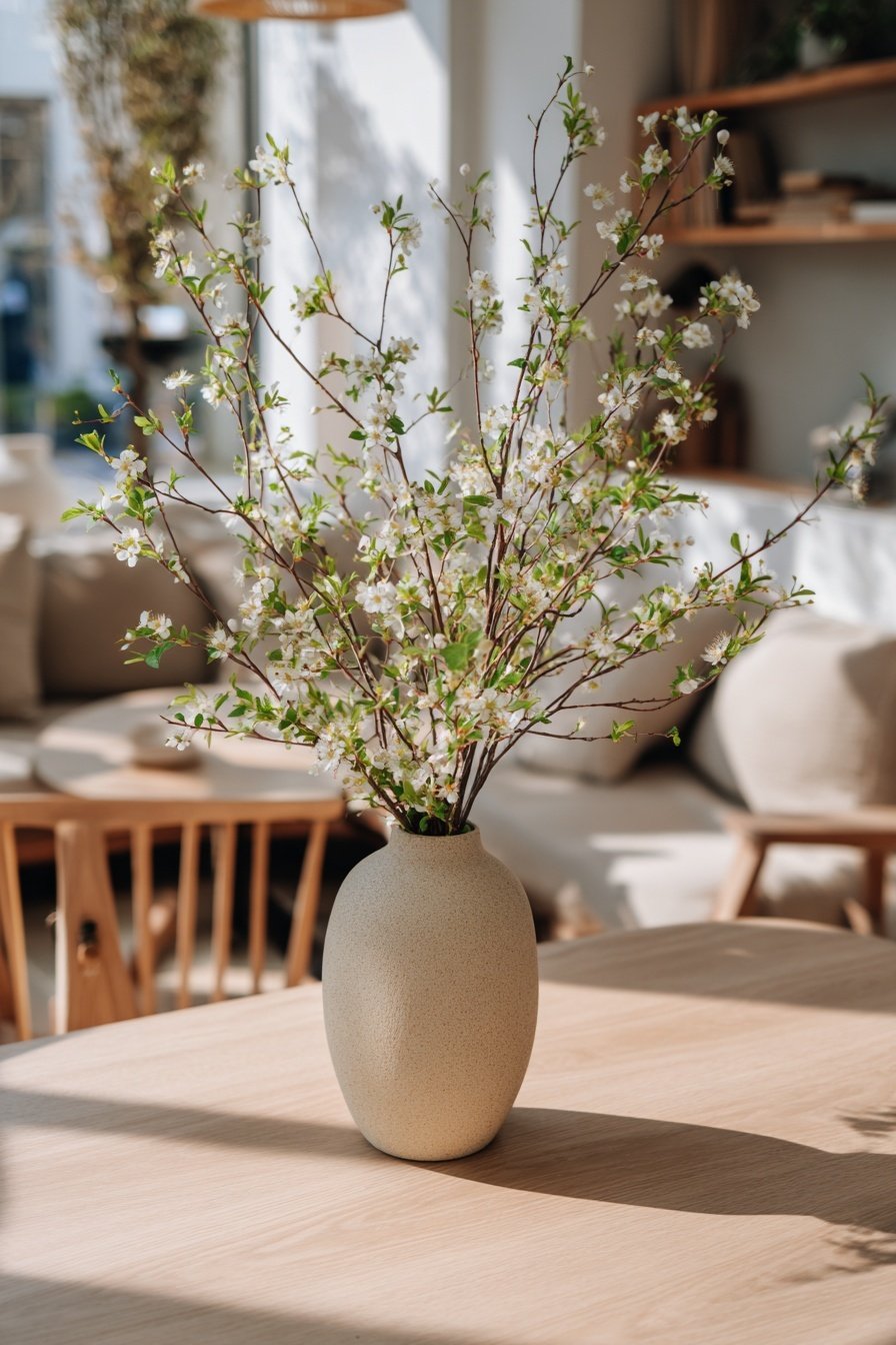 Zarter Zweig mit Blüten in beiger Vase auf hellem Holztisch im skandinavischen Wohnzimmer