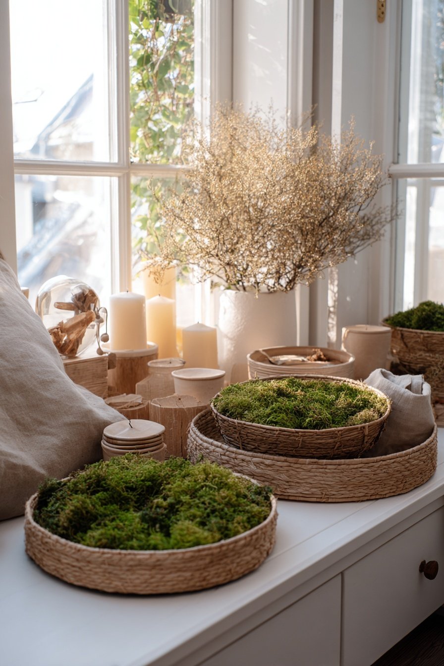 Skandinavische Deko mit Moos, Körben und Kerzen auf einer Fensterbank