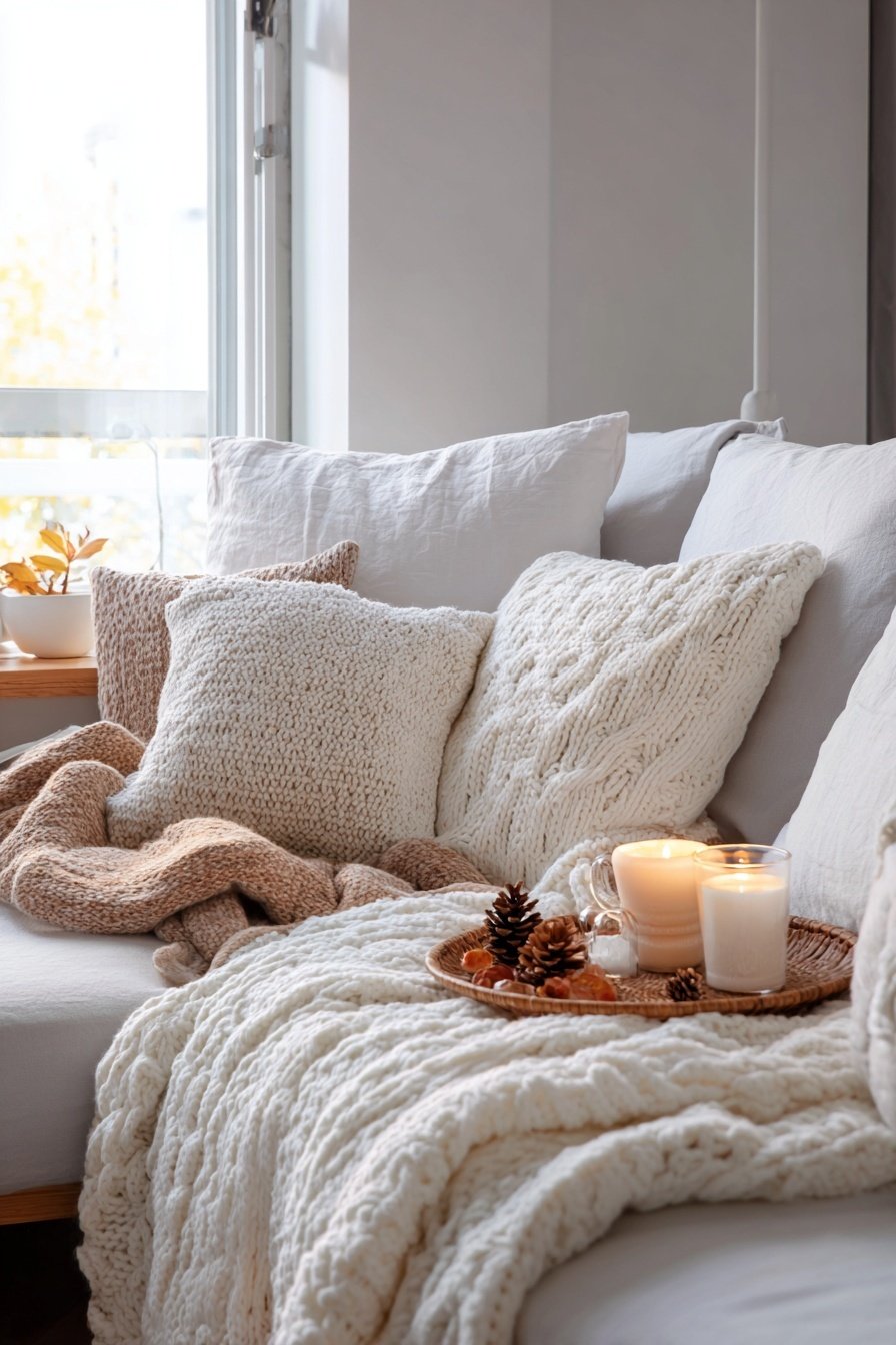 Gemütliches Sofa mit Strickkissen, Decken und Kerzen