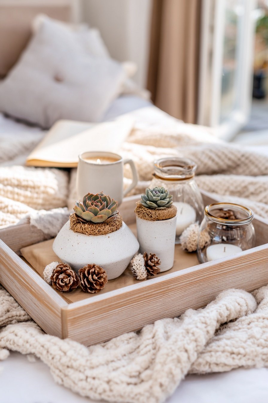 Holztablett mit Kerzen, Sukkulenten und Zapfen auf Kuscheldecke