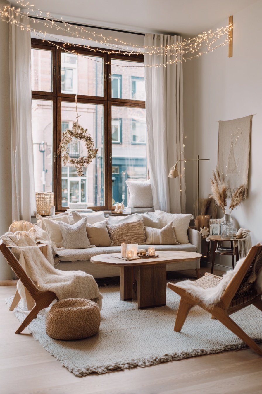 Gemütlich dekoriertes skandinavisches Wohnzimmer mit Naturtönen und Lichterketten