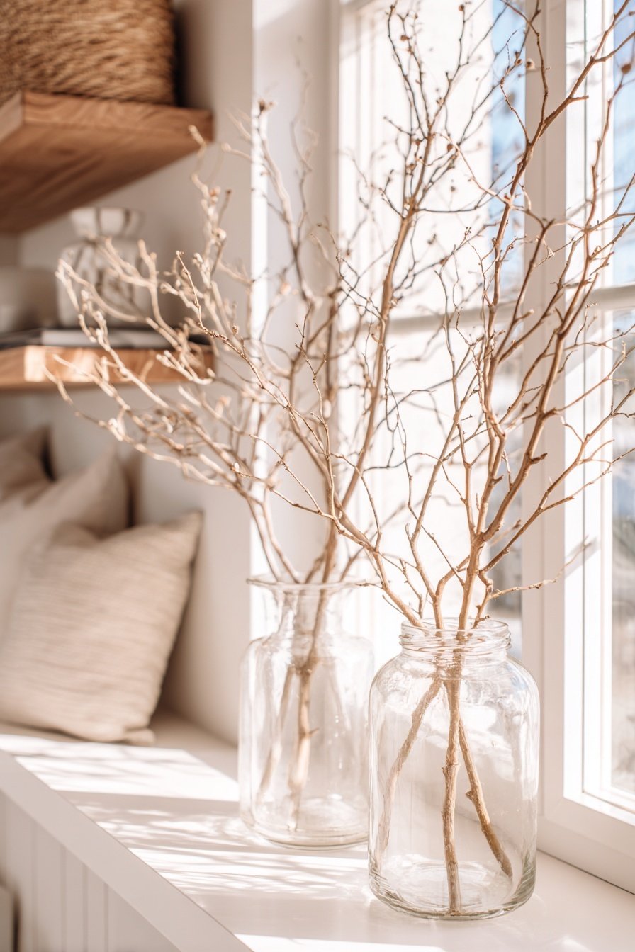 Zwei große Gläser mit winterlichen Zweigen auf einer Fensterbank im Sonnenlicht