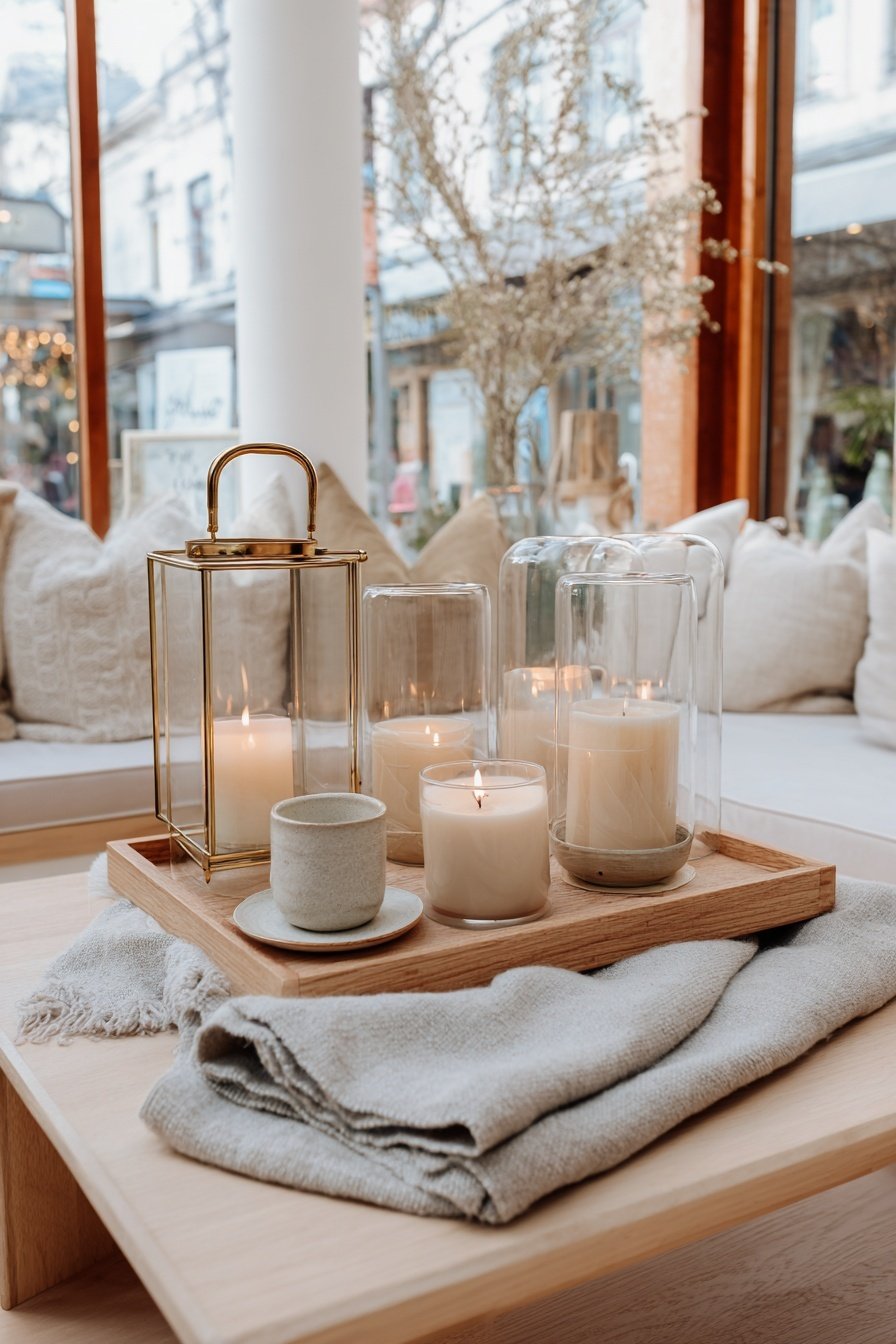 Holztablett mit Kerzen, Glashauben, Tasse und Decke auf einem hellen Couchtisch