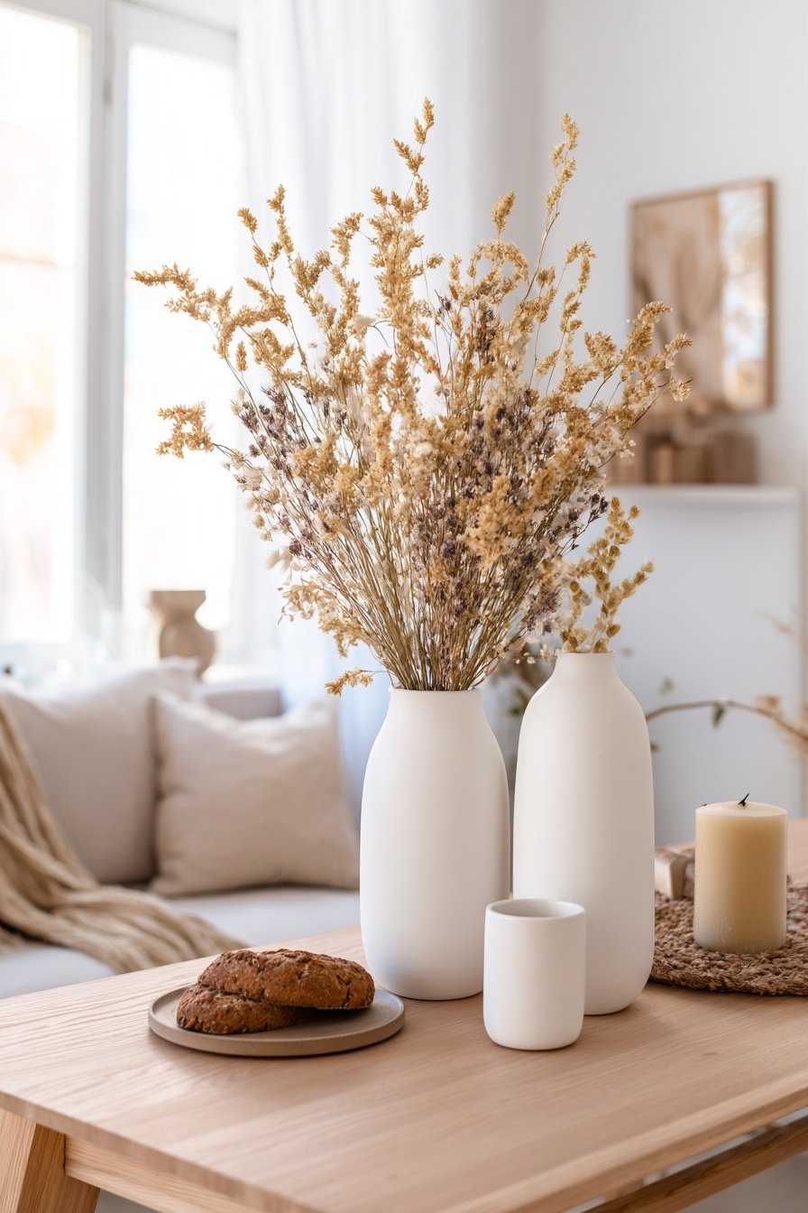 Trockenblumen in weißen Vasen mit Kerze und Keksen auf einem Holztisch im skandinavischen Stil