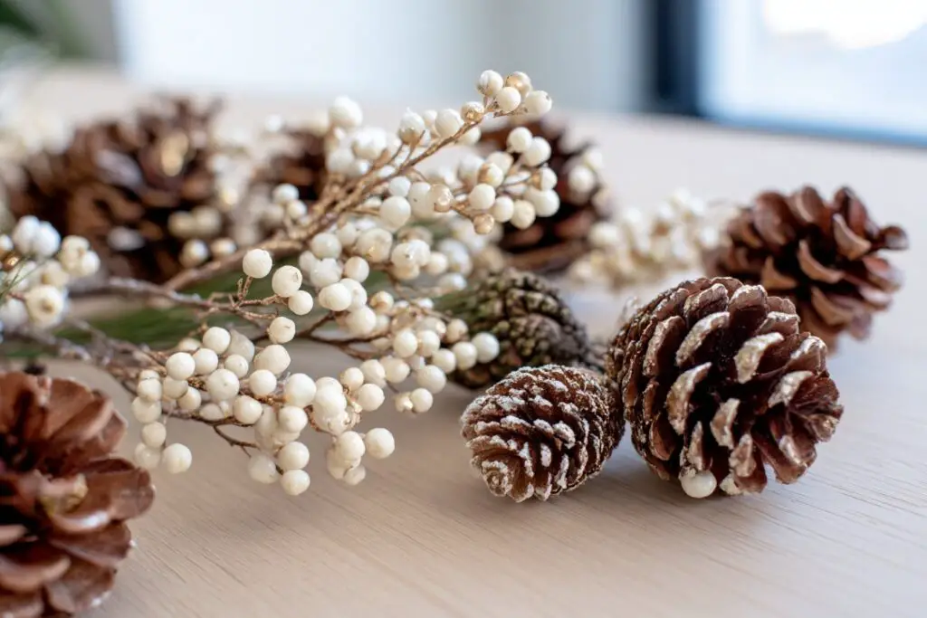 Tannenzapfen und weiße Beerenzweige als Winter Deko auf einem Tisch