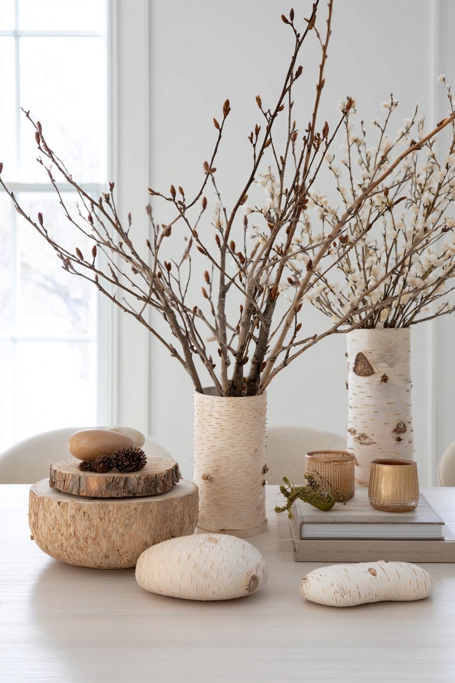 Winterliche Tischdekoration mit Zweigen in Birkenvasen und Naturmaterialien