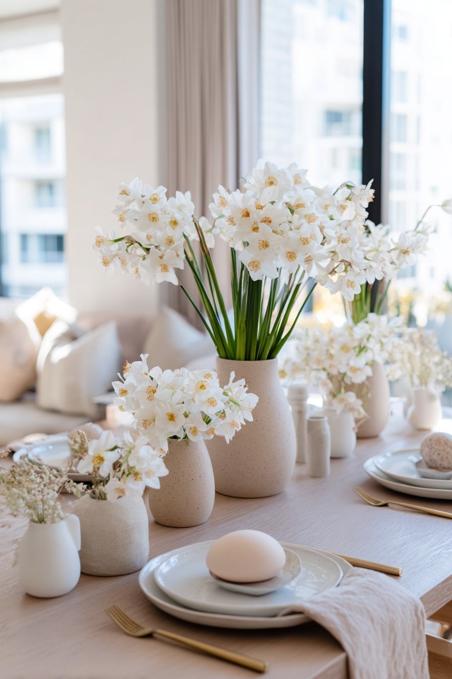 Tischdekoration mit weißen Blumen in beigen Vasen und neutralem Geschirr